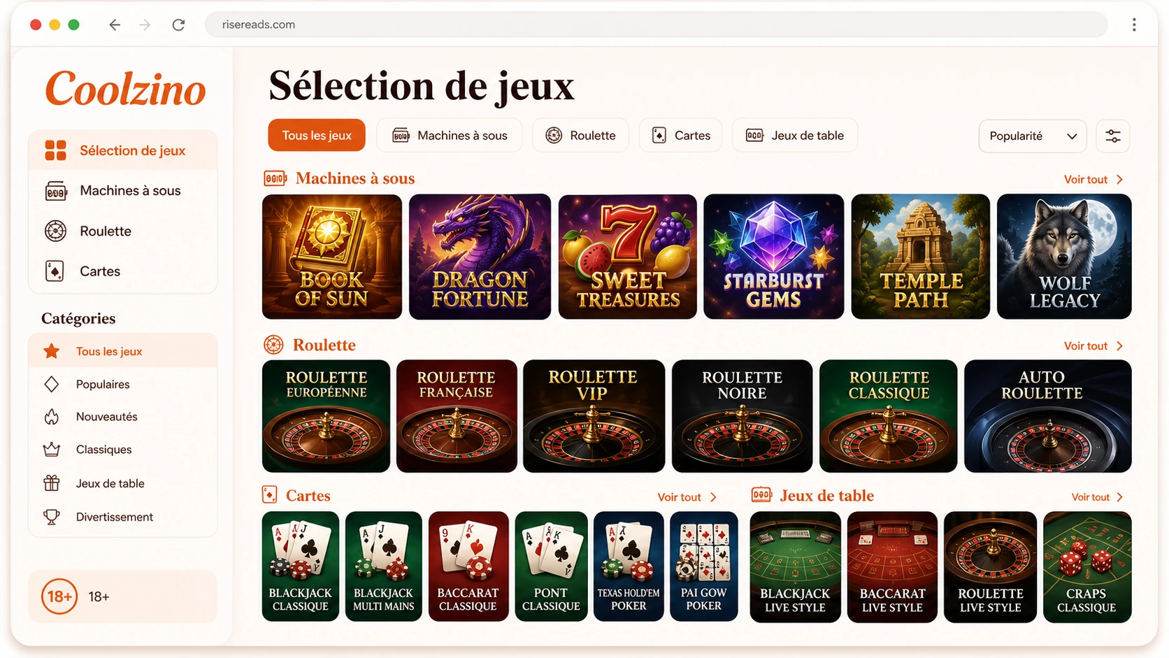 Une sélection de jeux avec Coolzino online casino